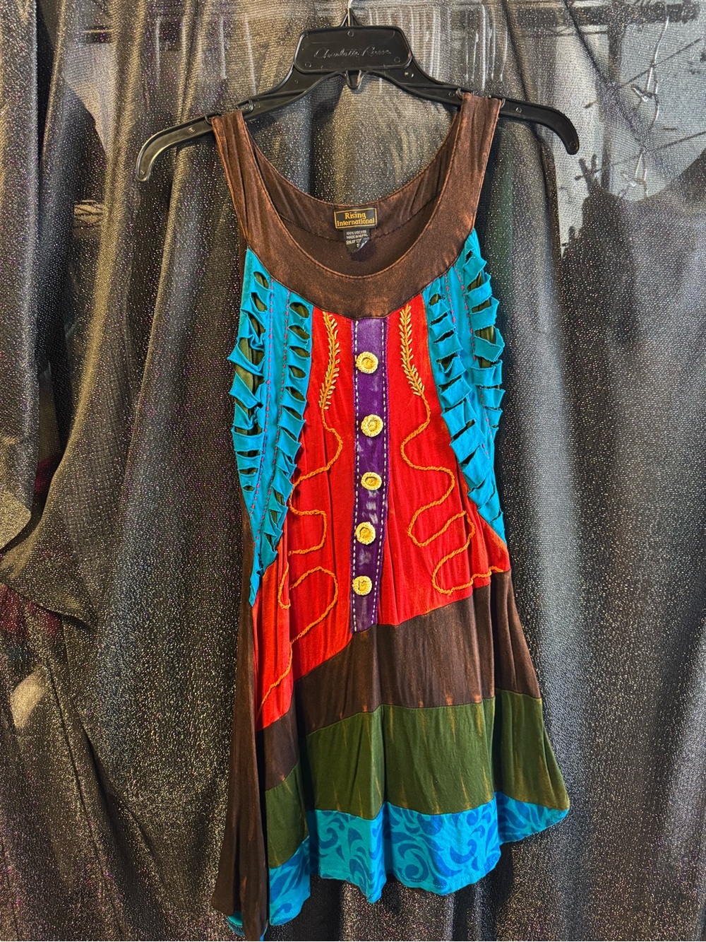Rising International Brown Turquoise Multi-Panel Ruffle Tank Dress